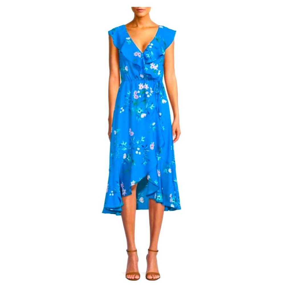 NWT BEAUTIFUL Socialite Floral  Ruffle Trim Wrap Dress Size Large 🤍 💐